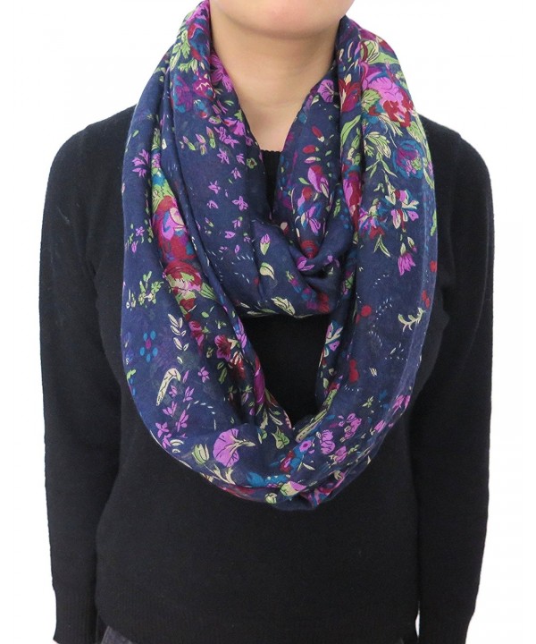 Lina & Lily Floral Flower Print Women's Infinity Scarf Lightweight - Navy Blue (Design B) - C911SRGXZK3