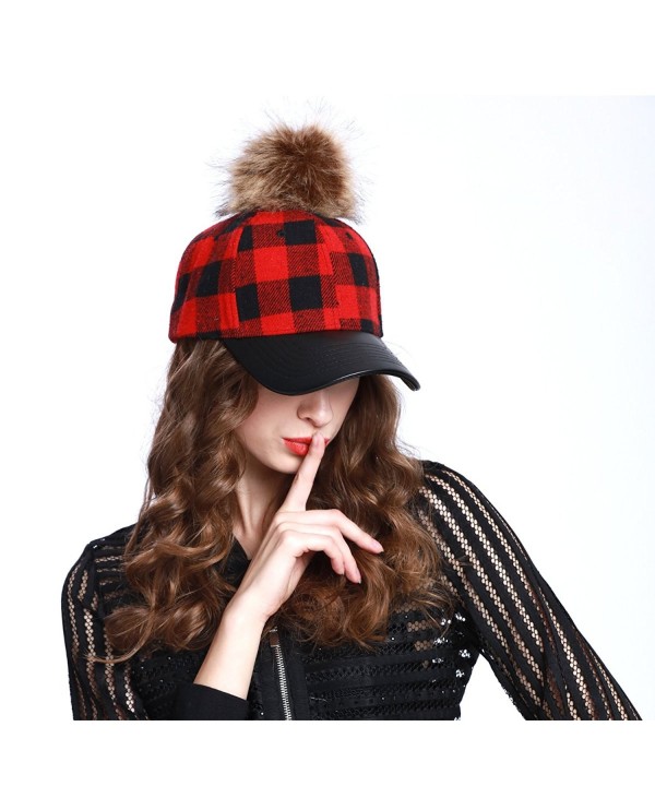 CP2367 Buffalo Plaid Baseball Caps with Fuax Fur Pom Pom - A Red - CZ12N1VBQDT