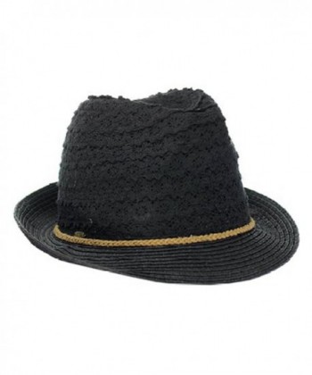 Women's Classic Brim Knit Fedora Vented Cotton Summer Beach Sun Hat - Black - CF12I8OCWFH