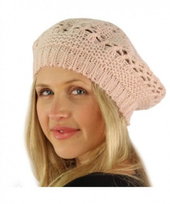 Winter Warm Pretty Open Weave Knit Beret Tam Beanie Skully Hat Ski Cap - Pink - C111G7ZCPAL