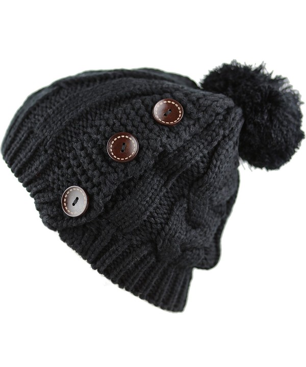 The Hat Depot 1000CMH-Women's Knit Beanie with Buttons and Pom Pom Winter Hat - Black2 - C4186L95HI0