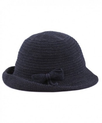 The Hat Depot Women's Back Flip Brim Cloche Bucket Hat with Ribbon Accent - Navy - C012HRTY6FX