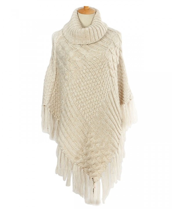 Camellia12 Chunky Knit Turtleneck Tassels Poncho Sweater Shawl Wrap Blanket Cape - C9186SDH0CE