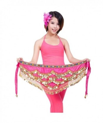 AvaCostume Belly Dance Gold Coins Waist Scarf Dangling Hip Skirt - Rose Red - CU186YDH4DD