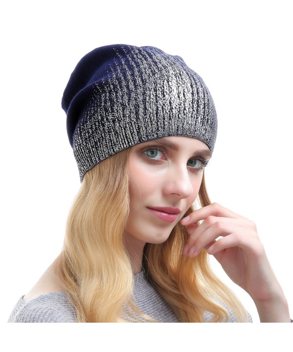Beanie Hats For Women - Knit Cashmere Hat Caps Winter Fashion Bling Beanies - Dark Blue With Silver - C9187CA8M80