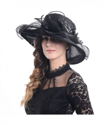 FORBUSITE Women Corrugated Church Wide Brim Dress Hat With Rose Accent - Black - CL12EEXAEUP