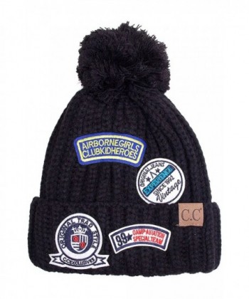 ScarvesMe CC Exclusive Winter Knit Patch Pom Pom Beanie - Black - C412LHF3CZN