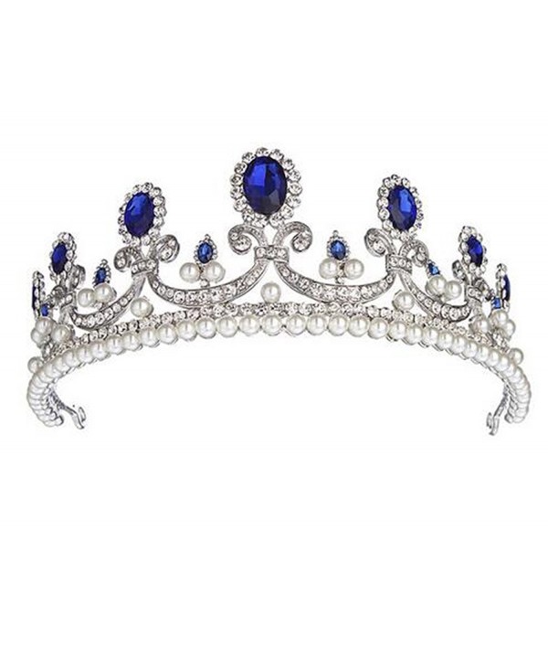 Wiipu Luxury Blue Crystal Rhinestone Bridal Tiara Princess Pearls Crown Wedding Prom Headband(A1071) - CL185L52TKY