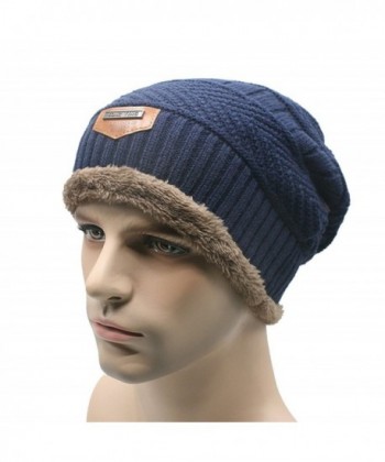 Men Knit Winter Thick Bonnet Fur Fleece Warm Baggy Skullies Beanies Hat - Blue - CH12O8F7KVJ