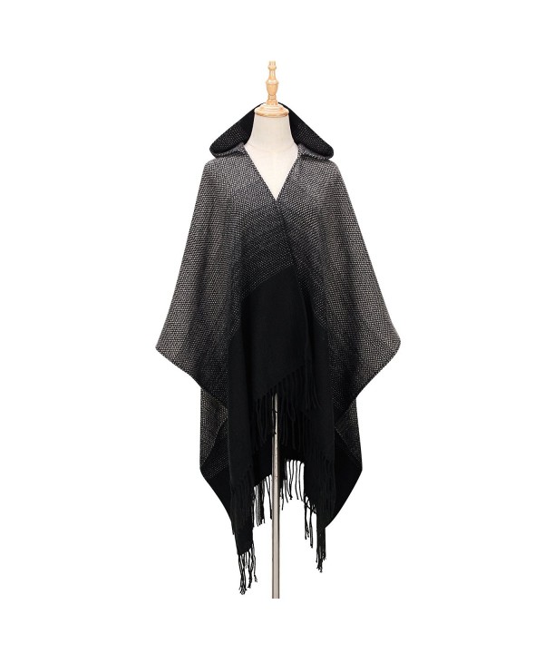 INCX Women's Block Shawl Wrap Knitted Cashmere Poncho Capes Scarf Sweater - Black - CG18697IC8Z