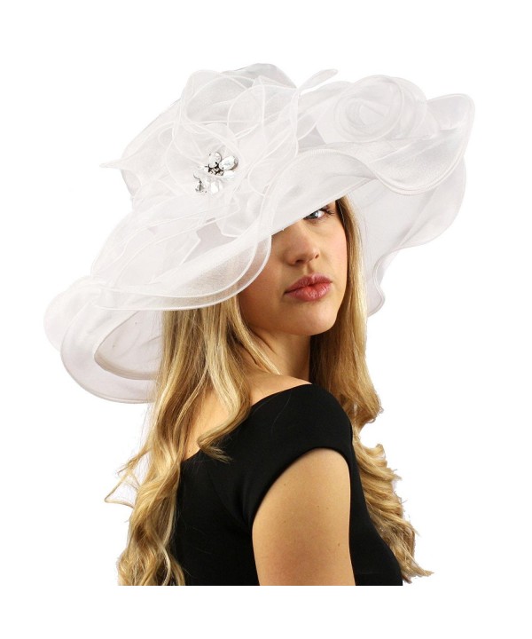 Bella Cielo Kentucky Derby Floppy Ruffle Jewel Organza Dress Bride Hat - White - C712CPIIS6J