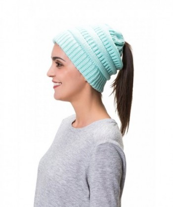 Lemef Women Cable Knit BeanieTail Messy Bun Ponytail Cap Warm Winter Beanie Hat - Light Blue - C3188UK0MI3