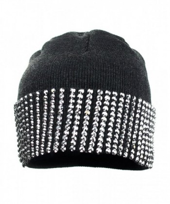 NYFASHION101 Solid Color Rhinestone Studded Winter Warm Cuff Skull Cap Beanie Hat - Dark Gray - CJ129I198GZ