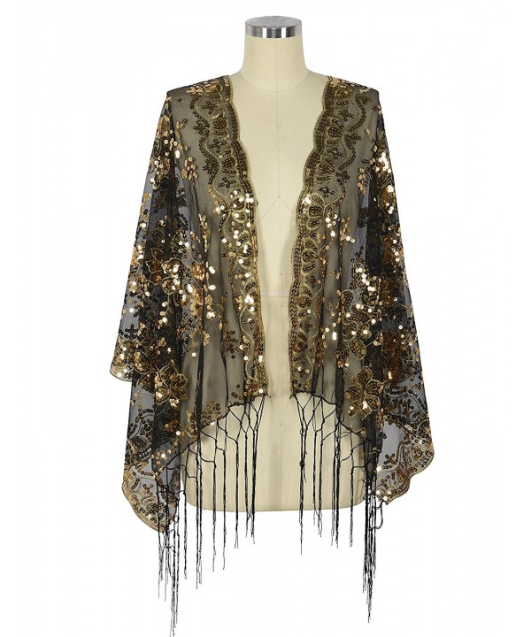 Women's 1920s Shawl Sequin Fringed Wedding Cape Evening Shawl Black ...