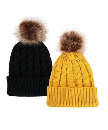 Women Fashion Faux Fur Pom Pom Wool Knit Beanie Skully Hat Cap - Black-Yellow - CE12NSYUJFK