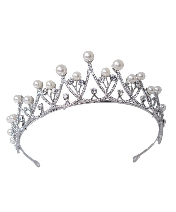 FF Pearl Wedding Tiara for Women Crystal Rhinestones Crown Silver Plated - CF12O3I645A