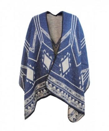 Day Wrap Knitted Poncho & Winter Scarf in 1 for Women w/ Overlocked Seams - Blue/Beige - CP189D9LWTG