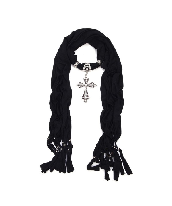 Elegant Cross Charm Pendant Jewelry Necklace Scarf - Diff. Colors Available - Black - CM11O2ST8AF
