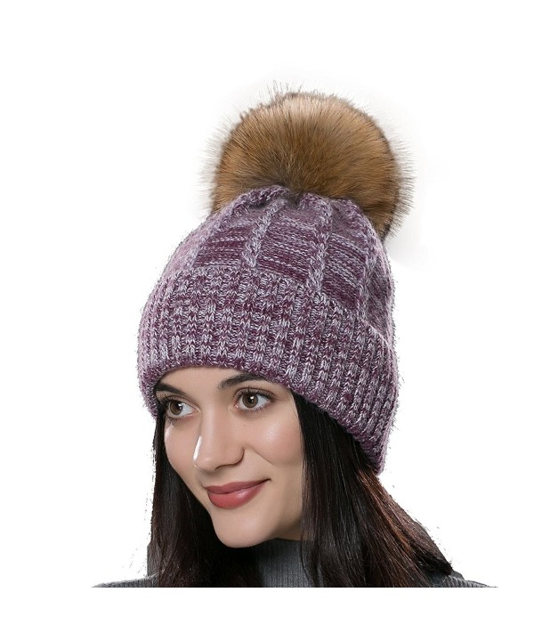 URSFUR Womens Autumn Wool Knit Beanie Hat Unisex Winter Cap with Fur Ball Pompom - Purple With Raccoon Fur Pompom - C512N23HAAX