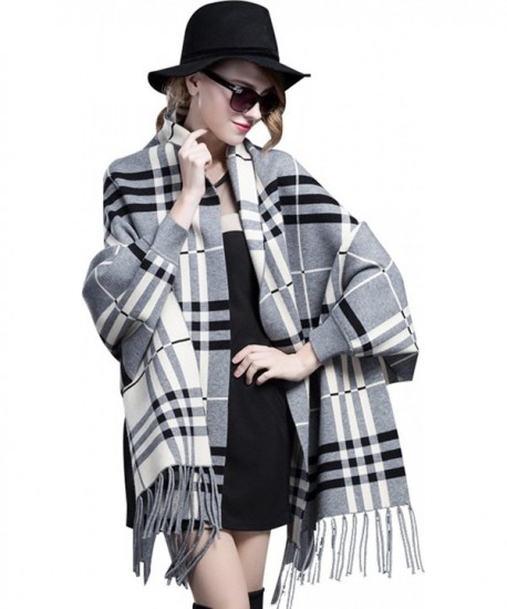 Bellady Winter Thick Cardigan Coat Ladies Open Front Fringe Batwing Poncho Plaid Cardigan Cape - Gray - C212MD1ZTK1