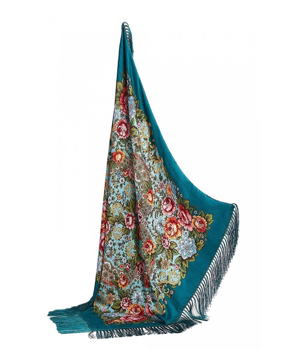 Ladies Floral Neck Scarf Ukrainian Polish Russian Style Silk Folk Shawls For Women - Turquoise - C717YLS6HC5
