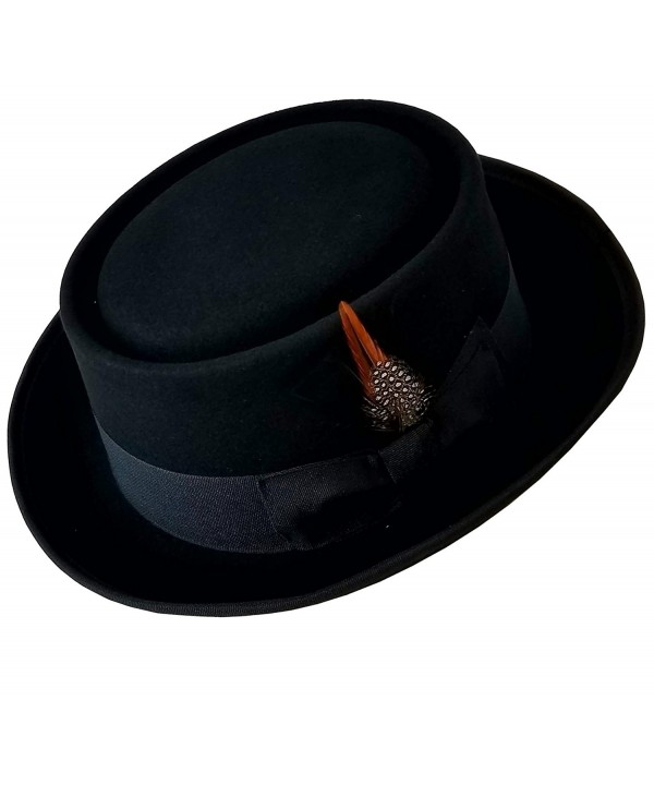 SHAHIN Men's Flat Top 100% Wool Felt Porkpie Pork Pie Hats W/Feather - Black - CA185H2HS2C