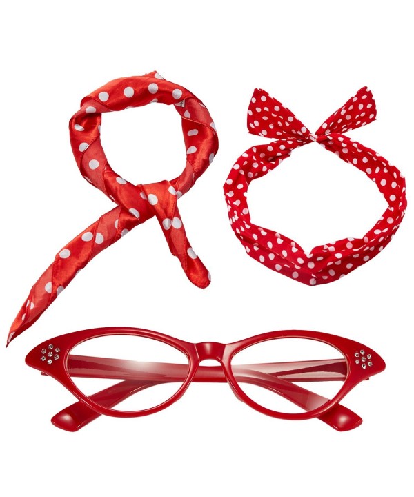 50's Costume Accessories Set - Dot Chiffon Scarf-Cat Eye Glasses-Bandana Tie Headband - Red - C5187MH5DG5