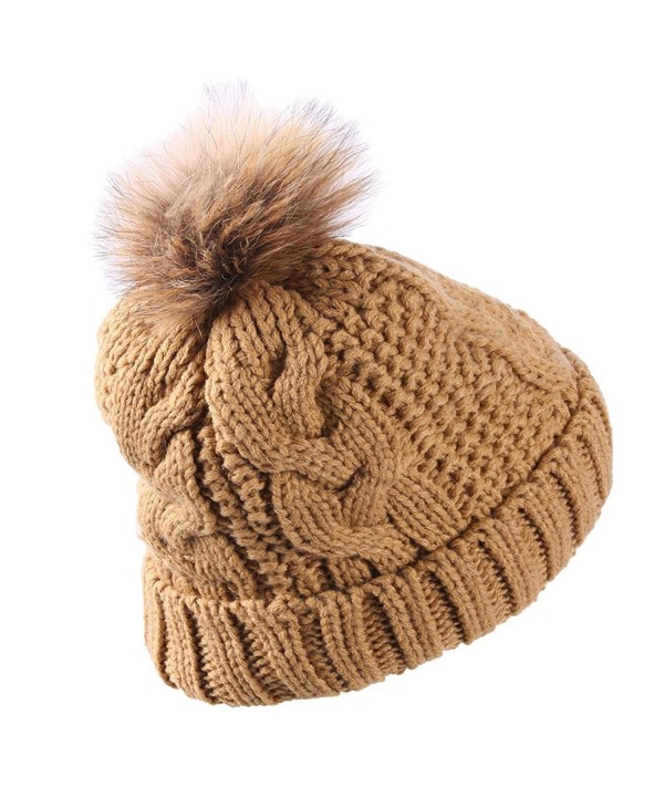 Time and River Women's Fashion Knit Beanies- Pompom Ribbed Slouchy Crochet Hat - Beige - CR1888KL3OG