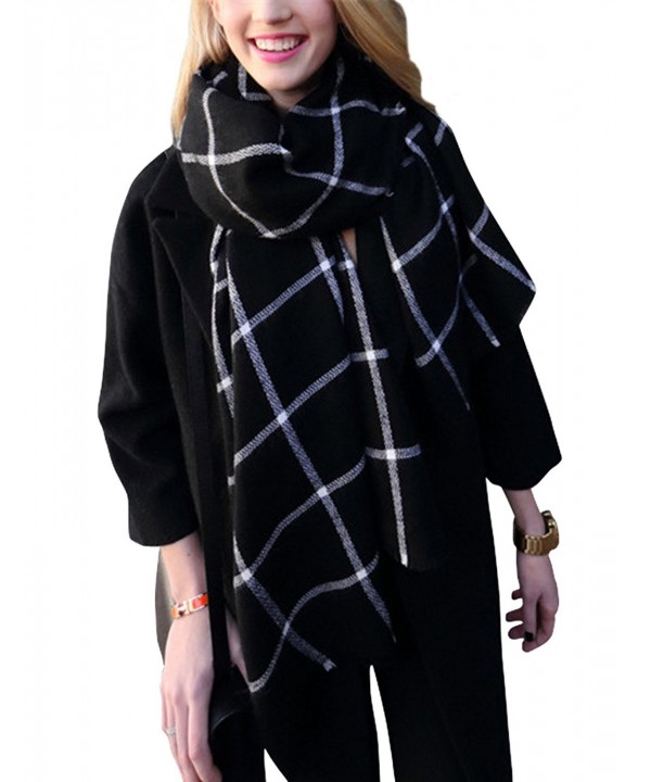 Bovene Women's Warm Plaid Blanket Scarf Winter Oversized Chunky Wrap Shawl Cape - Black - CK187MXUU3G