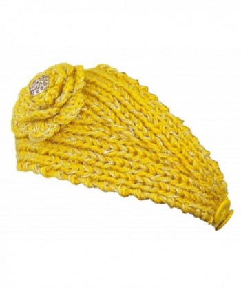 Sparkly Knit Winter Headband w/Jeweled Button (One Size) - Yellow - CF11H6JOJGV