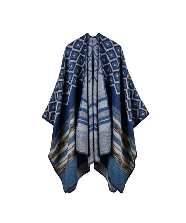 Poncho-Jelinda Women's Reversible Tassel Hem Batwing Sleeves Cape Poncho Cloak Jumper - Navy Blue - CG185K93LHK