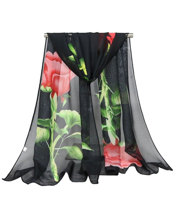 ChikaMika Fashion Scarves for Women Floral Rose Light Weight Long Chiffon Scarves - Black Rose - CO1873NHUN3