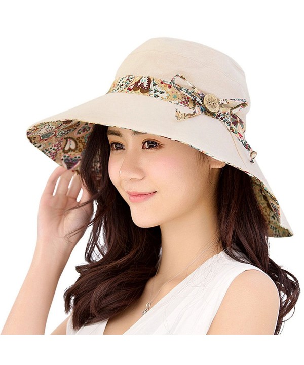 Kimimore Womens Sun Hats Summer Beach Hat Reversible UPF 50+ Lady Hats Foldable Wide Brim Cap - Beige - CP18C7LK5KI