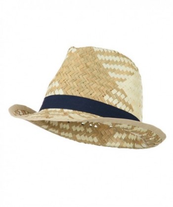 Colored Band Woven Straw Fedora - Navy - CV11KYP460X