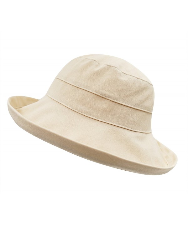 Connectyle Women's Summer Wide Brim Cotton Bucket Sun Hat With Inner Drawstring - Khaki - CN182ZM7U72