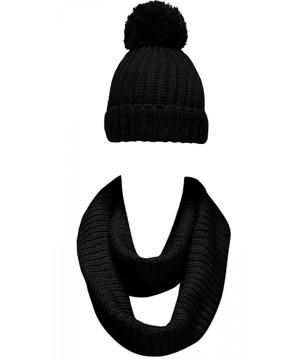 NEOSAN Women Winter Thick Knit Infinity Loop Scarf And Pom Pom Beanie Hat Set - Plain Knit Black - CK184UKQG2N