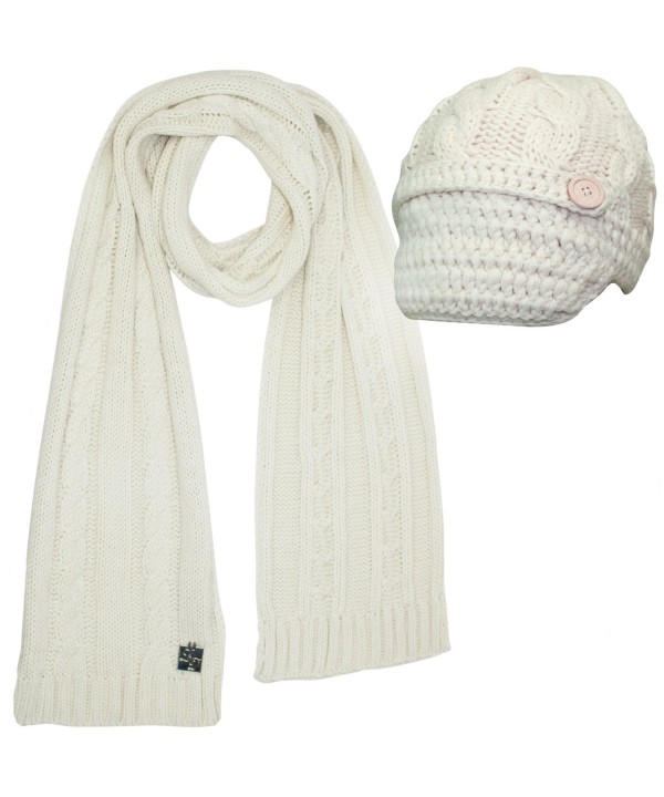 Cable Knit Newsboy Cabbie Hat & Scarf Matching Set - Ivory - CX11QMSC2EX