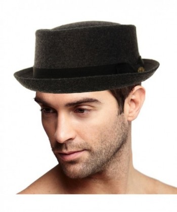 Men's Winter Wool Boater Porkpie Derby Flat Fedora Ribbon Band Hat - Charcoal - CV11H7VTLCF