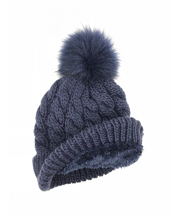 BRUCERIVER Women Winter Chunky Knit Sherpa Lined Beanie Hat With Faux Fur Pom Pom - Col.3-navy - CM188NAYU02