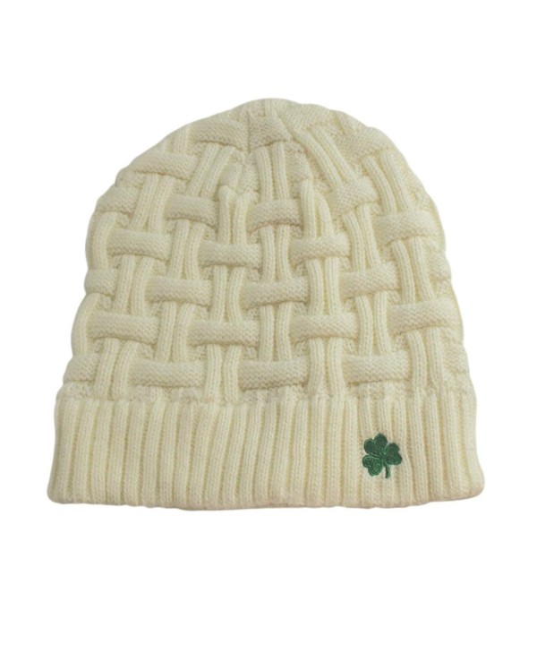Man Of Aran Acrylic Basket Weave Beanie Hat Natural Colour With Green Shamrock - C512FW7LQZZ