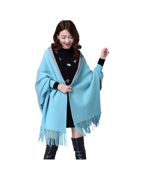 Saikey Womens Winter Shawl Wraps Knit Bat Sleeve Tassels Cardigan Cape Pashminas Sweater Poncho Coat - Blue - CC12M7YLQPV