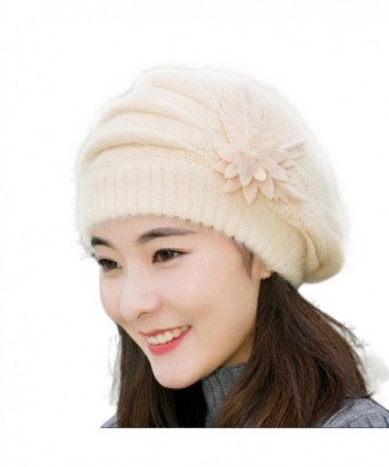 AutumnFall Fashion Womens Flower Knit Crochet Beanie Hat Winter Warm Cap Beret - Beige - CU12N24XRNQ