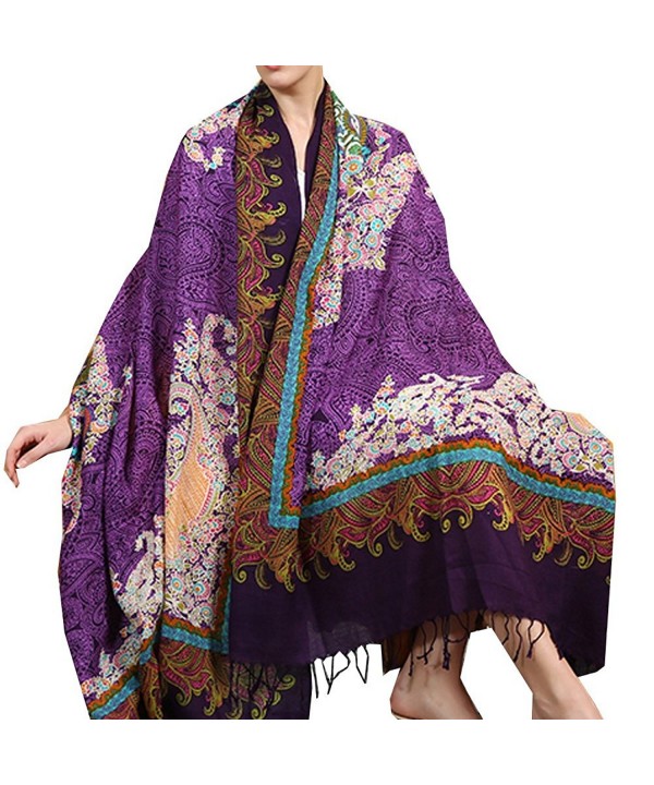 TLIH Women's 100% Wool Soft Extra-Large Chinoiserie Scarf Wrap Shawl - Purple - CC12GIBTNDB