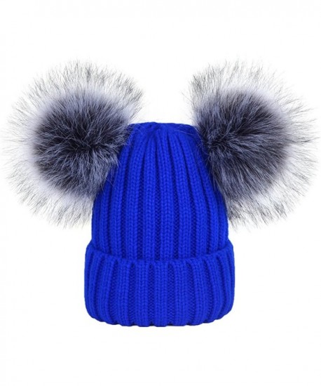 DELORESDKX Women Winter Beanie Knit Pom Hats Skull Ski Cap Faux Silver Fox Fur Double Ears Soft - Blue - CK188DN702H