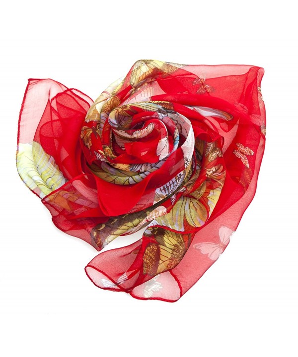 Bear Motion Collection - Womens 100% Silk Scarf with Butterfly Design - Red - C411RUFLPWH