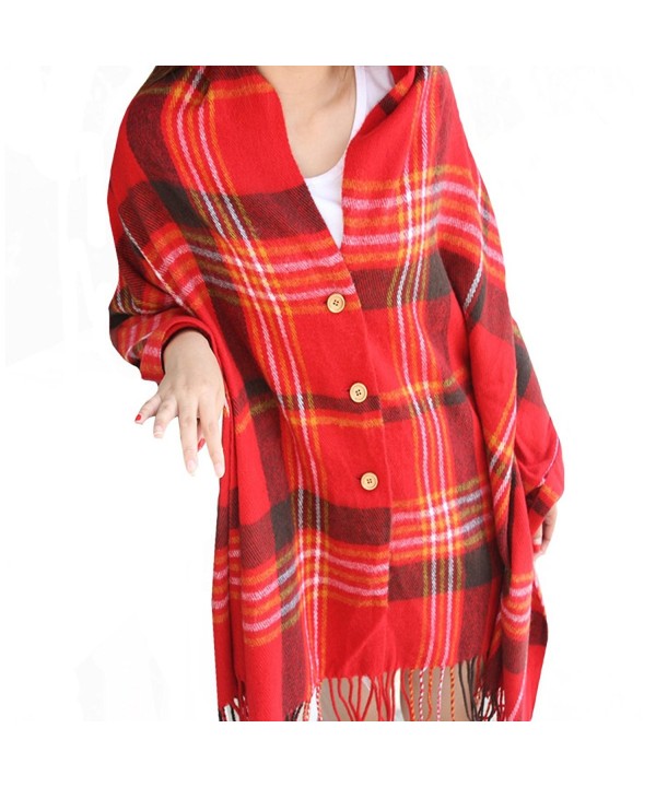 Vintage Plaid Knitted Tassel Poncho Shawl Cape Button Cardigan - Red - CA185DW2DLU