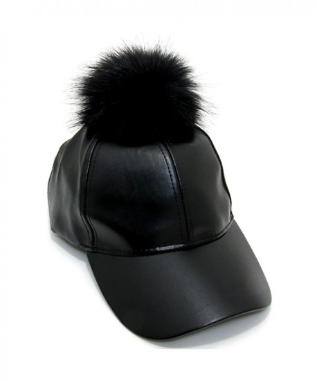 Women's Faux Leather Fur Pom Pom Adjustable Baseball Cap PM3041 - Black + Black - CE12BI0W113