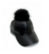 Women's Faux Leather Fur Pom Pom Adjustable Baseball Cap PM3041 - Black + Black - CE12BI0W113