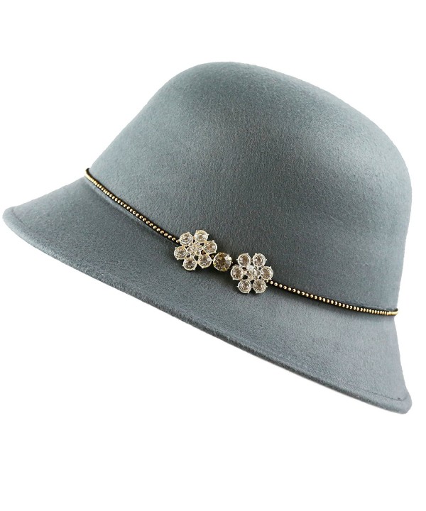 THE HAT DEPOT Felt Cloche Winter Hat With Studded Band Rhinestone Flower - Grey - CG12NERXG75