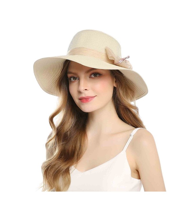 Welrog Women's Floppy Sun Beach Straw Hats Wide Brim Summer Cap UPF 50+ - Beige - CZ1805AN4UR